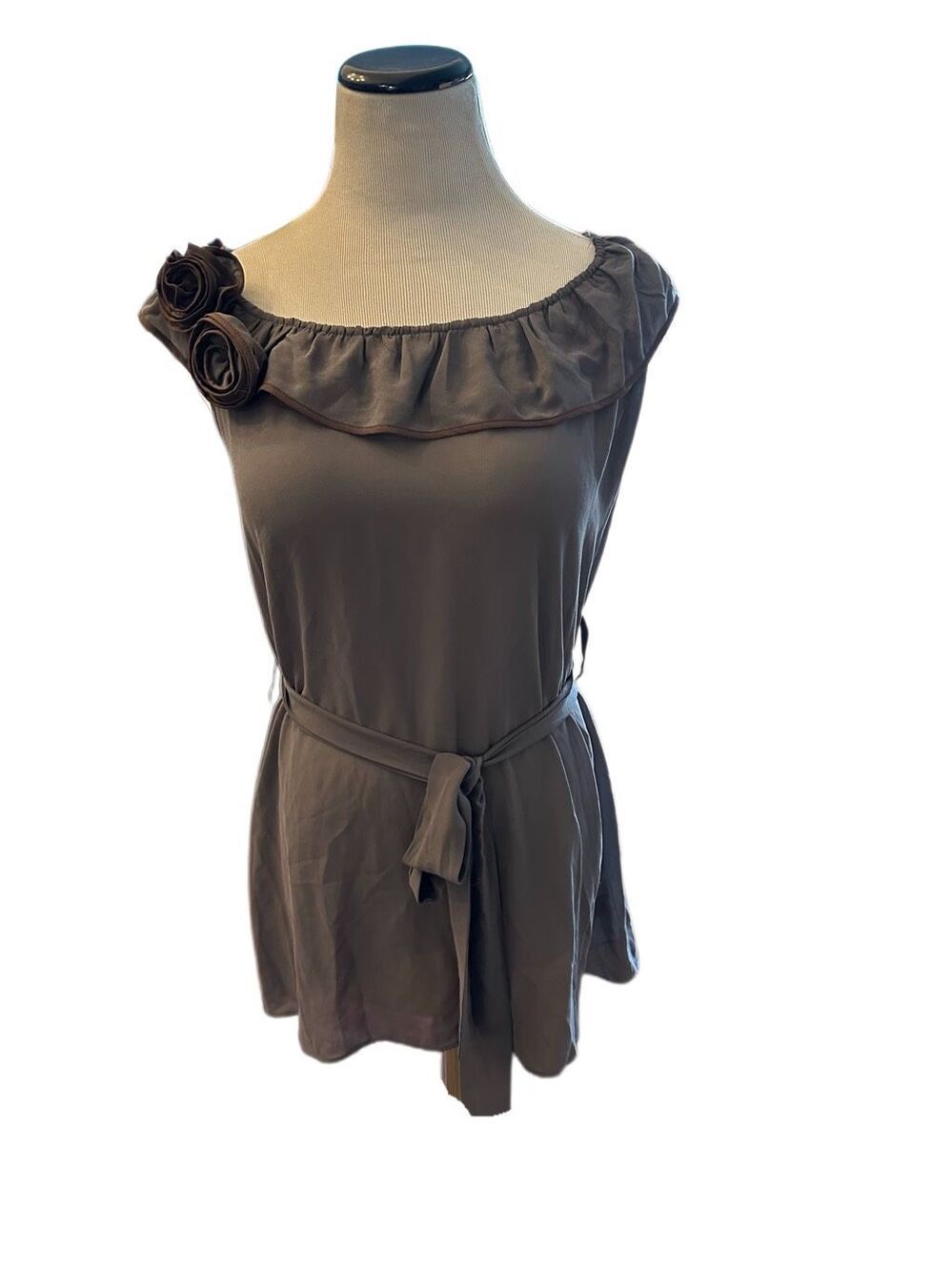 Blue Bird Gray Chiffon Dress With Rosette Decoration Sz M